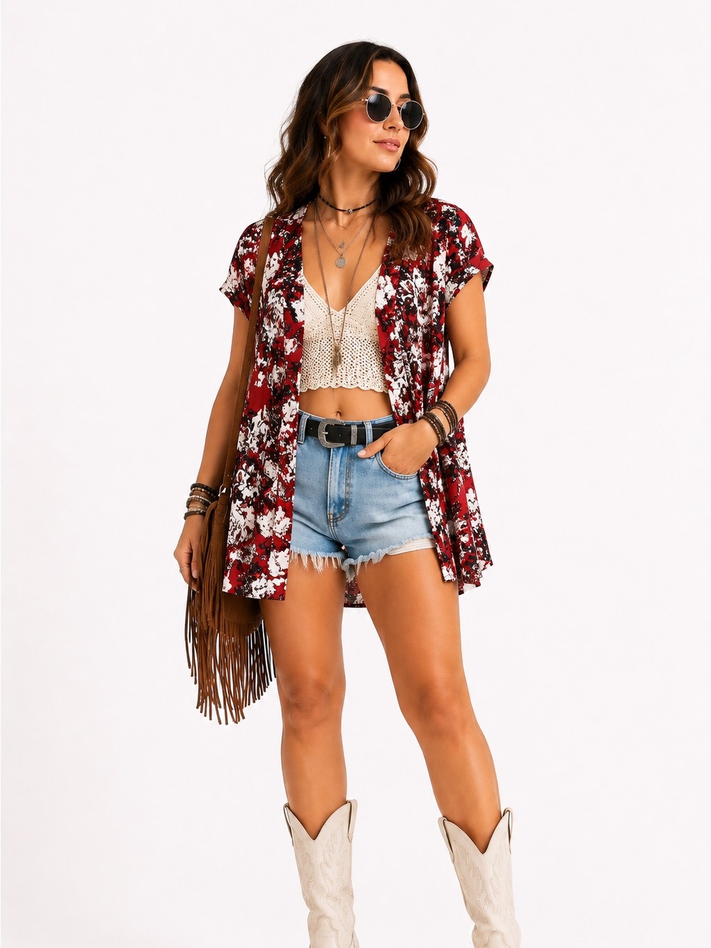 Daniel Rainn Red Floral Short-Sleeve Open Cardigan